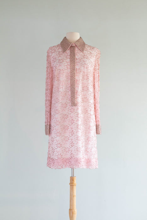 Iconic 1960's MOD Beaded Candy Pink Lace Cocktail Dress / ML