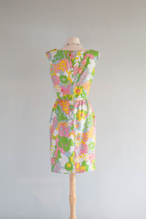 1960's Springtime Sequined Floral Print Cocktail Dress From I Magnin / Small