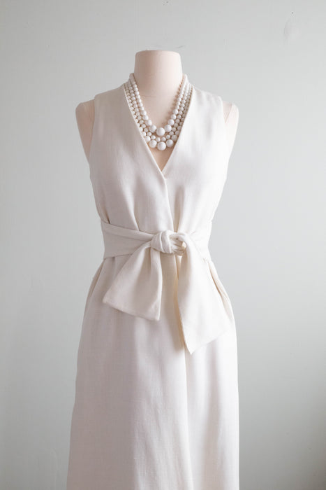 Elegant 1960's Minimalist White Linen Wrap Style Wedding Gown By Mr. Mort / XS