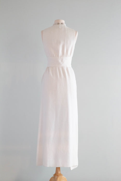 Elegant 1960's Minimalist White Linen Wrap Style Wedding Gown By Mr. Mort / XS