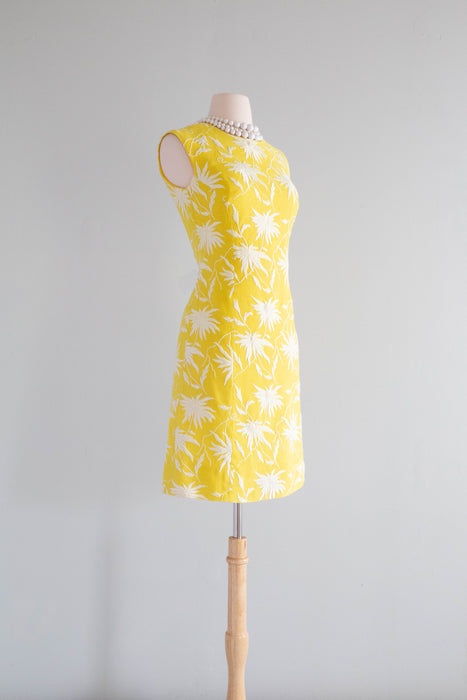 1960's Daffodil Yellow Embroidered Dress From I Magnin / Small