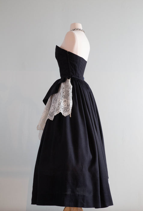 Stunning 1950's Black Linen Strapless Sweetheart Gown / Small