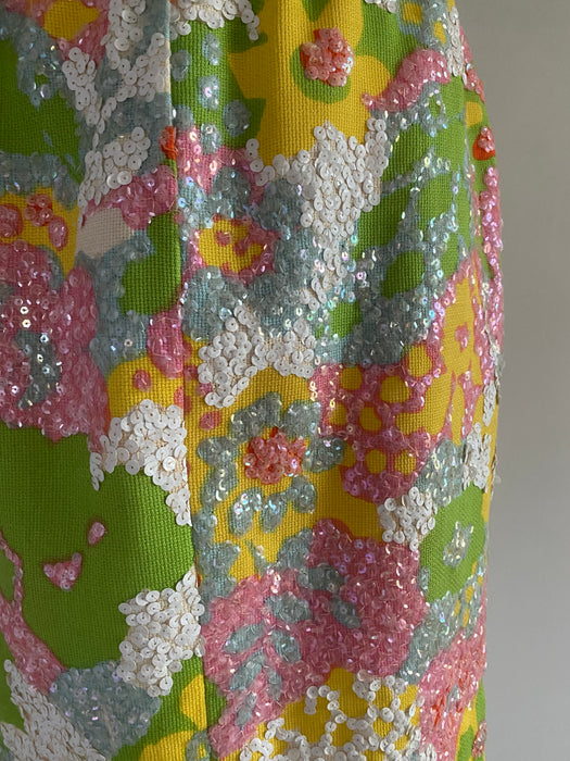 1960's Springtime Sequined Floral Print Cocktail Dress From I Magnin / Small