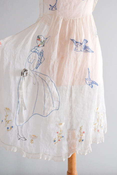 Sweetest 1920's Organdy & Lace Blue Canary Hand Embroidered Pinafore / Sz OS