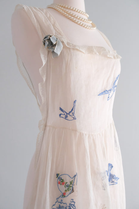 Sweetest 1920's Organdy & Lace Blue Canary Hand Embroidered Pinafore / Sz OS