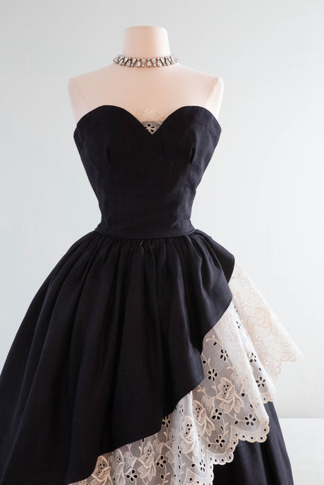 Stunning 1950's Black Linen Strapless Sweetheart Gown / Small