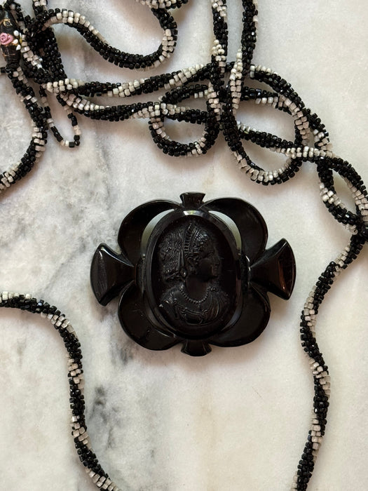 1930s Victorian Revival Carved Black Bakelite Cameo Brooch