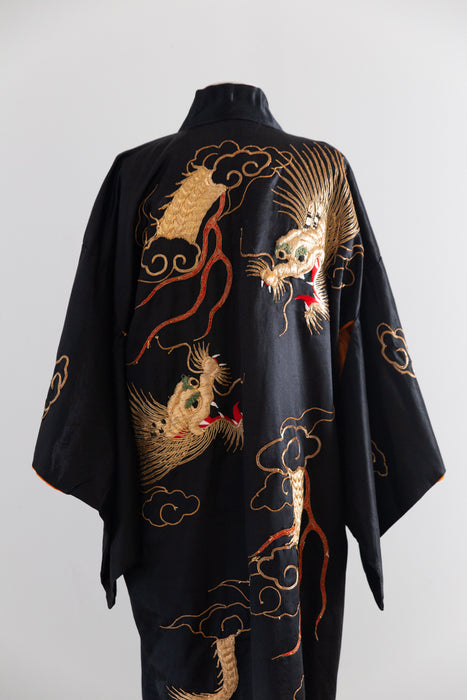 Fabulous Early 20th Century Japanese Export Silk Kimono Robe with Couched Gold Dragons / OS