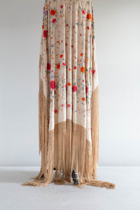 Exquisite Antique Manton Manila Embroidered Silk Piano Shawl