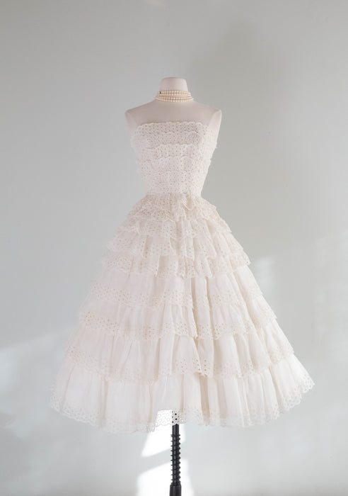 Romantic 1950's Suzy Perette Ivory Tiered Cotton Eyelet Wedding Dress / S
