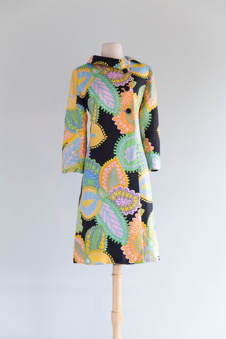 Fabulous 1960's Silk Paisley Print Coat By Arkin Imports / ML