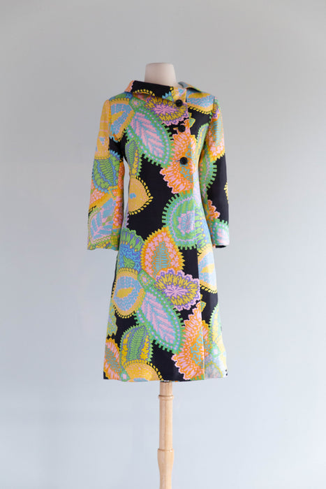 Fabulous 1960's Silk Paisley Print Coat By Arkin Imports / ML