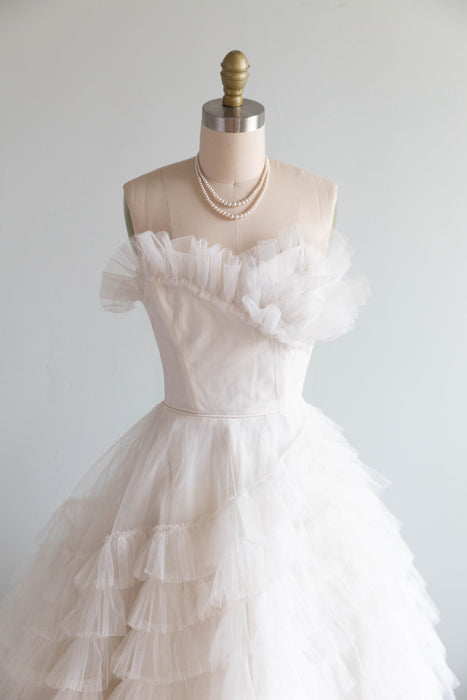 Ethereal 1950's Ballet Length Ivory Tulle Wedding Dress / XS
