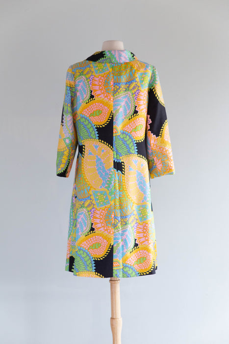 Fabulous 1960's Silk Paisley Print Coat By Arkin Imports / ML