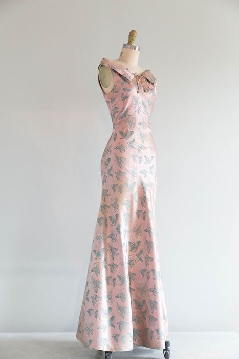 Sublime 1930's Pale Pink & Teal Butterfly Silk Bias Cut Gown / XS