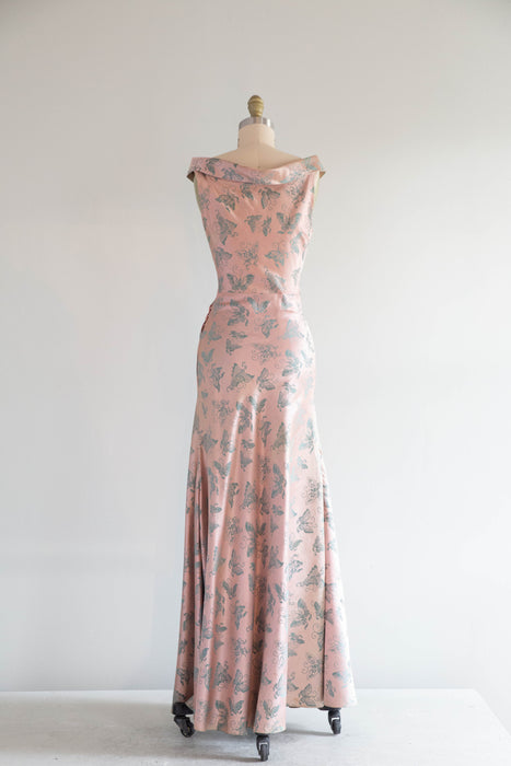 Sublime 1930's Pale Pink & Teal Butterfly Silk Bias Cut Gown / XS