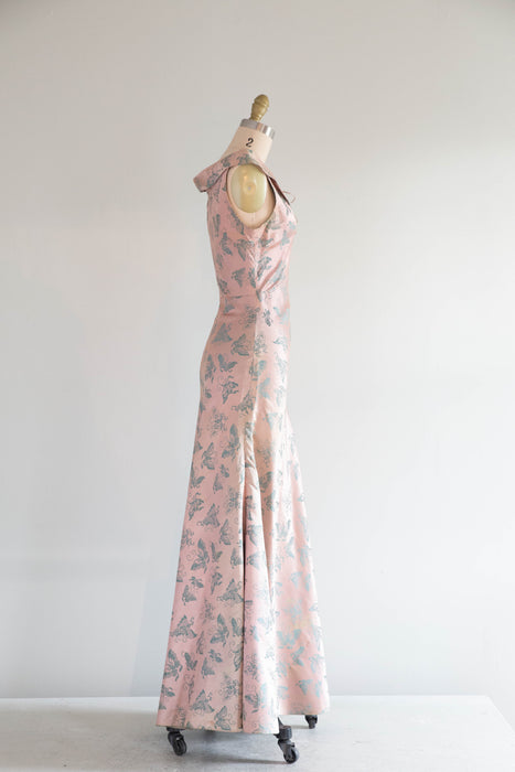 Sublime 1930's Pale Pink & Teal Butterfly Silk Bias Cut Gown / XS