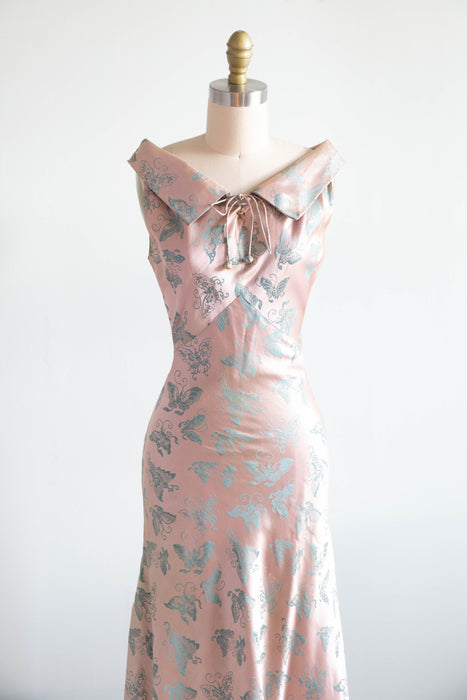 Sublime 1930's Pale Pink & Teal Butterfly Silk Bias Cut Gown / XS
