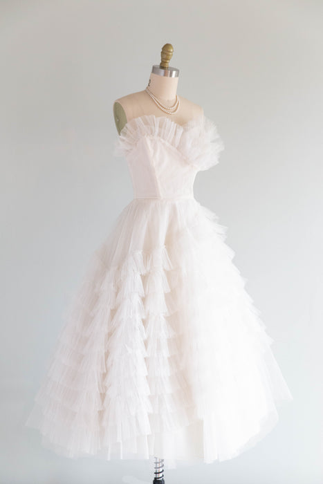 Ethereal 1950's Ballet Length Ivory Tulle Wedding Dress / XS