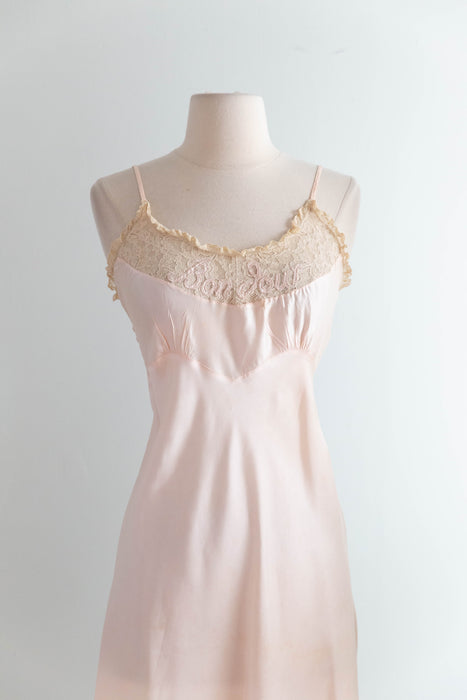 Rare 1940's Ballet Pink Rayon Slip "Bon Jour" / Small