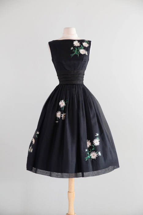 Enchanting 1950's Silk Organza Party Dress With Floral Appliques / S