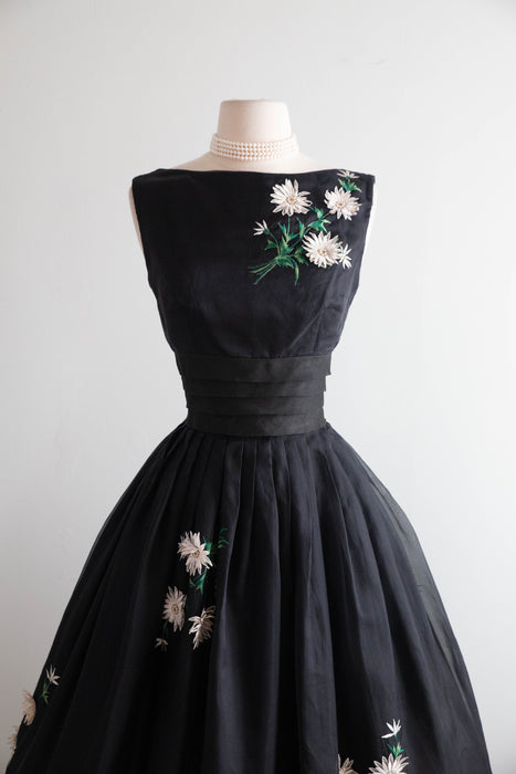Enchanting 1950's Silk Organza Party Dress With Floral Appliques / S