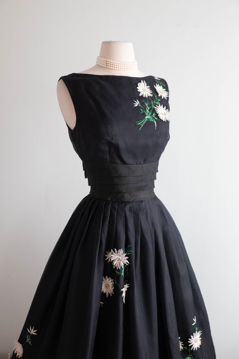 Enchanting 1950's Silk Organza Party Dress With Floral Appliques / S