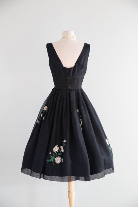 Enchanting 1950's Silk Organza Party Dress With Floral Appliques / S