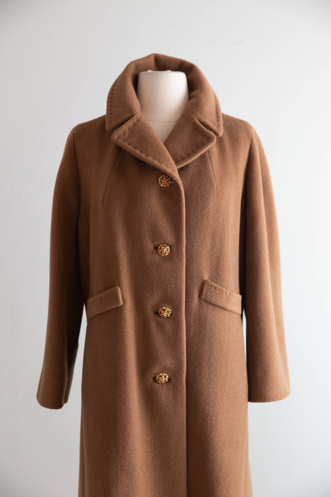Elegant 1960's Cognac Wool & Camel Hair Coat With Rhinestone Buttons / ML
