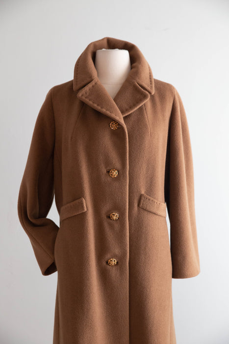 Elegant 1960's Cognac Wool & Camel Hair Coat With Rhinestone Buttons / ML