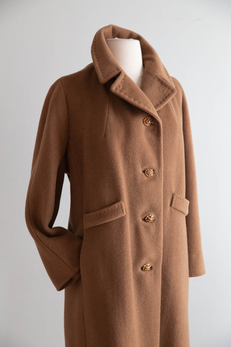 Elegant 1960's Cognac Wool & Camel Hair Coat With Rhinestone Buttons / ML