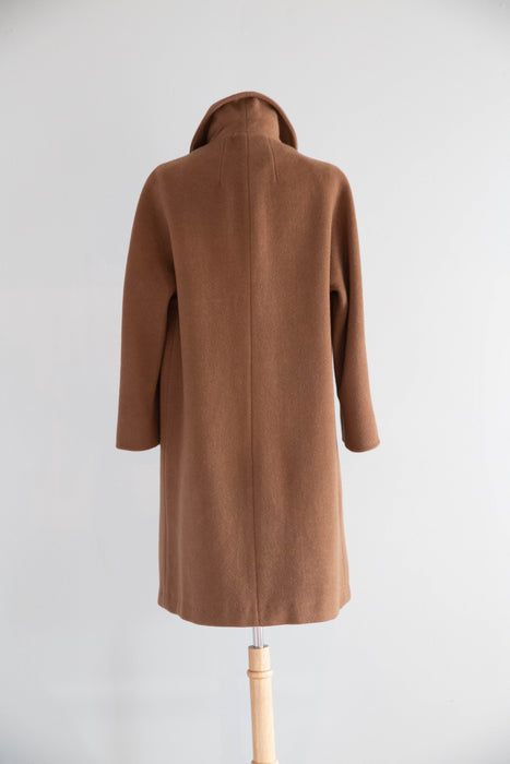 Elegant 1960's Cognac Wool & Camel Hair Coat With Rhinestone Buttons / ML