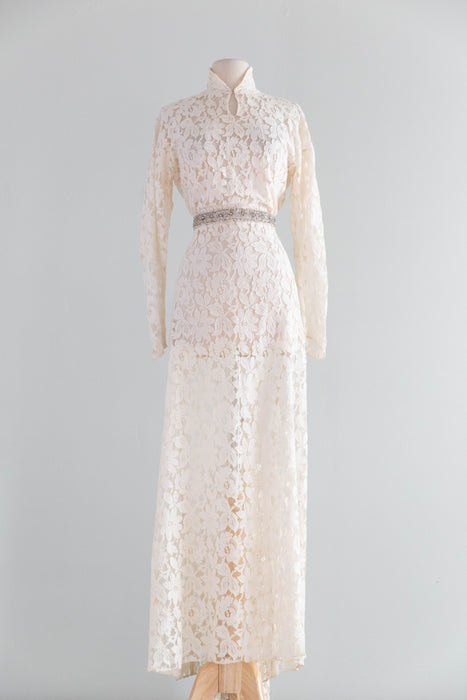 Elegant 1930's Ivory Lace Wedding Gown With Long Sleeves & Short Train / ML