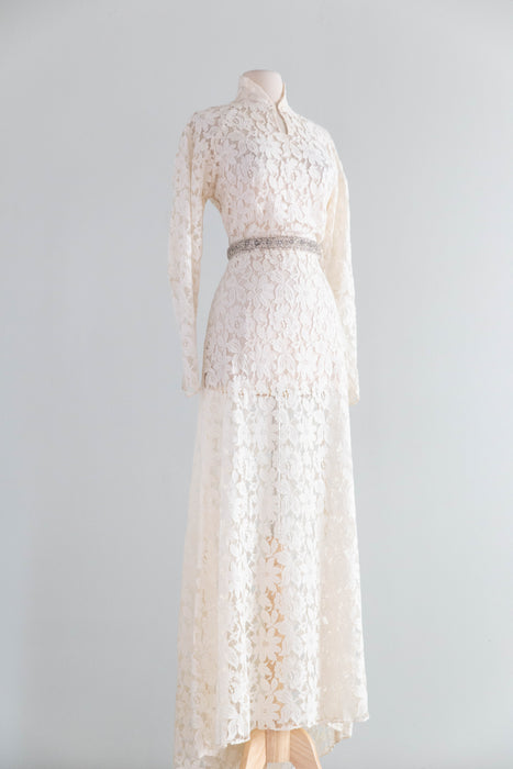 Elegant 1930's Ivory Lace Wedding Gown With Long Sleeves & Short Train / ML
