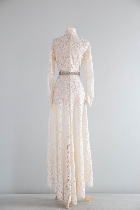 Elegant 1930's Ivory Lace Wedding Gown With Long Sleeves & Short Train / ML