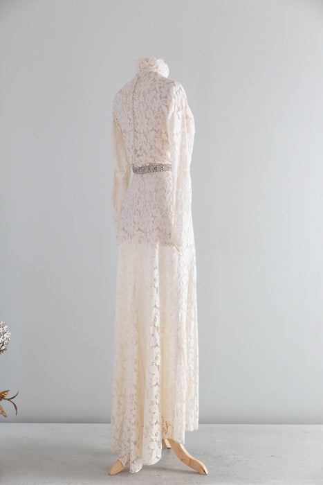 Elegant 1930's Ivory Lace Wedding Gown With Long Sleeves & Short Train / ML