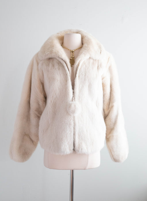 Fabulous Vintage Pastel Ivory Mink Jacket With Peter Pan Collar and Pom Pom Zipper / M