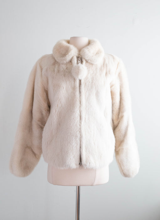 Fabulous Vintage Pastel Ivory Mink Jacket With Peter Pan Collar and Pom Pom Zipper / M