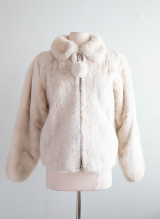 Fabulous Vintage Pastel Ivory Mink Jacket With Peter Pan Collar and Pom Pom Zipper / M