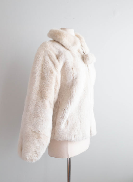 Fabulous Vintage Pastel Ivory Mink Jacket With Peter Pan Collar and Pom Pom Zipper / M