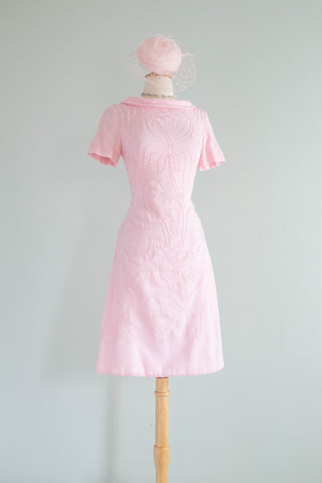 Adorable 1960's Pink Cotton Shift With Soutache by Parnes- Feinstein / Medium