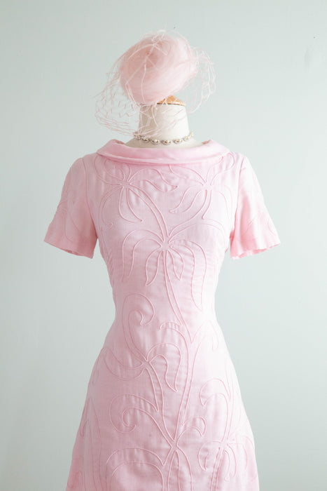 Adorable 1960's Pink Cotton Shift With Soutache by Parnes- Feinstein / Medium