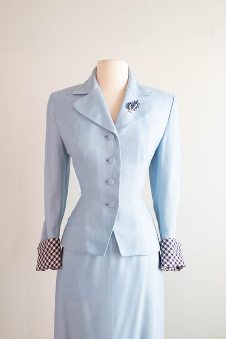 Elegant 1940's Wallis Blue Linen Suit With Gingham Cuffs & Lining / SM