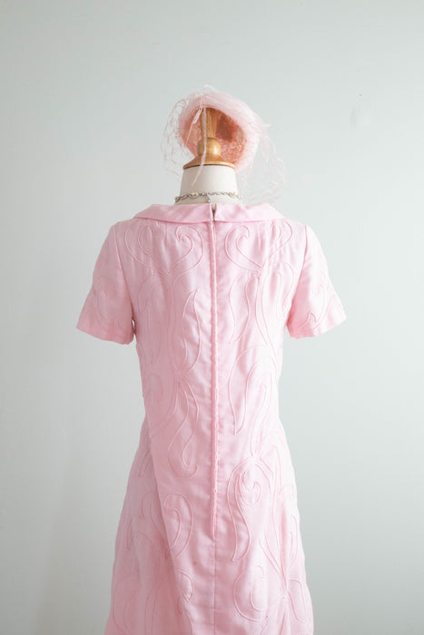 Adorable 1960's Pink Cotton Shift With Soutache by Parnes- Feinstein / Medium