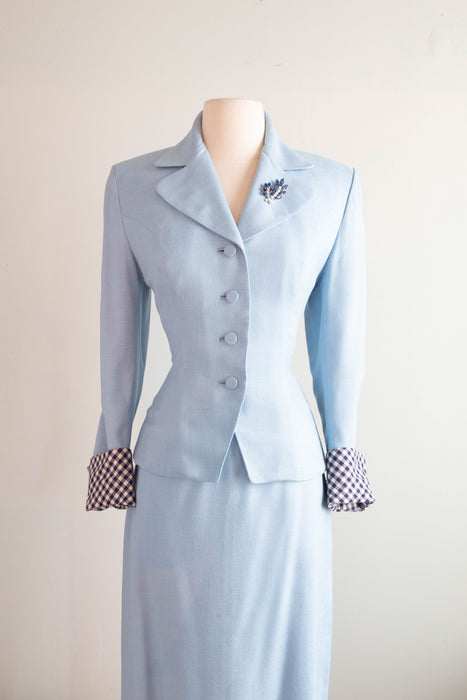 Elegant 1940's Wallis Blue Linen Suit With Gingham Cuffs & Lining / SM