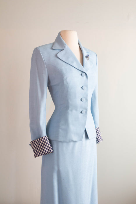 Elegant 1940's Wallis Blue Linen Suit With Gingham Cuffs & Lining / SM