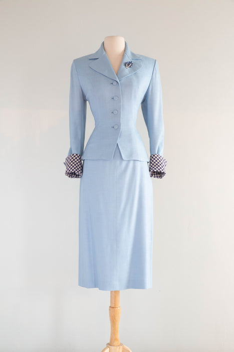 Elegant 1940's Wallis Blue Linen Suit With Gingham Cuffs & Lining / SM