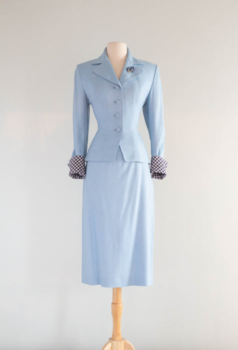 Elegant 1940's Wallis Blue Linen Suit With Gingham Cuffs & Lining / SM