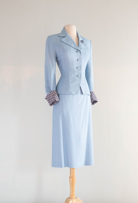 Elegant 1940's Wallis Blue Linen Suit With Gingham Cuffs & Lining / SM