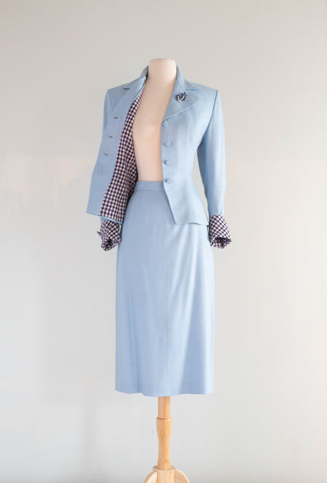 Elegant 1940's Wallis Blue Linen Suit With Gingham Cuffs & Lining / SM